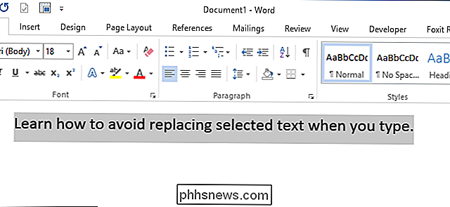 Kaip išvengti pasirinkto teksto keitimo, kai įvedate Word 2013