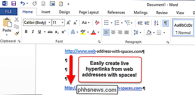 Slik oppretter du en direkte hyperkobling fra en webadresse som inneholder mellomrom i et Word 2013-dokument