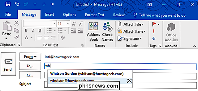 Slik sletter du en e-postadresse fra listen Autofullfør i Outlook for Windows