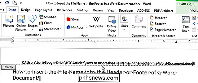 Slik legger du inn filnavnet i overskriften eller bunnteksten til et Word-dokument