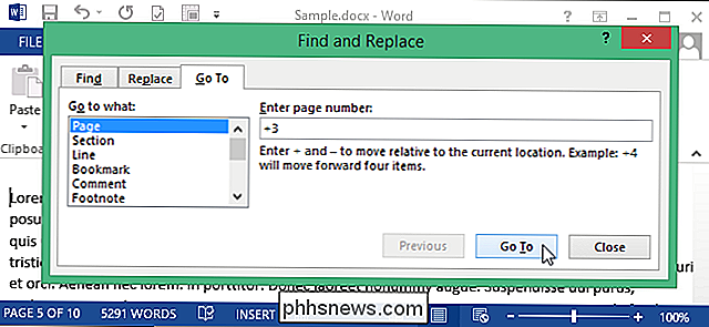 Slik springer du videre eller tilbake et visst antall sider i Word 2013