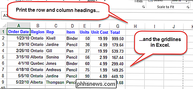 Hvordan skrive ut gridlinjer og rad og kolonneoverskrifter i Excel