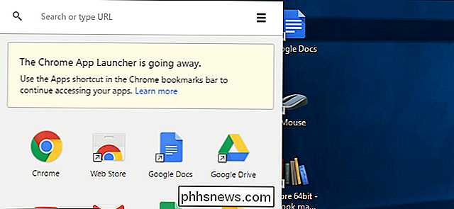 Google kommentert 22. mars 2016 at Chrome App Launcher-som gir rask tilgang til alle Chrome-appene dine uten nett -vil bli pensjonert (unntatt i Chrome OS). Det blir faset ut over tid og vil være helt borte i juli 2016. Det vil ikke være noen offisiell erstatning for Chrome App Launcher fra Google, men ikke bekymre deg. Chrome-apps går ikke bort. Du må bare få tilgang til dem på en annen måte.
