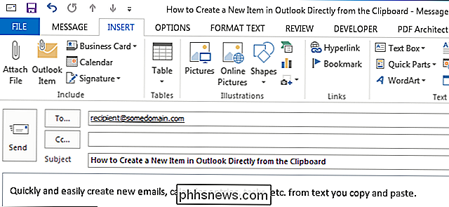 Como criar um novo item no Outlook diretamente da área de transferência