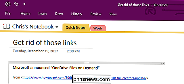 Sådan deaktiveres website-links, når du indsætter tekst i OneNote