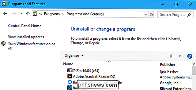 Naar het oude programma Verwijderen Programma's op Windows 10