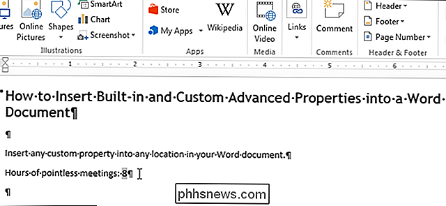 Kaip įterpti įmontuotą ir tinkintą išplėstinę nuosavybę į Word dokumentą