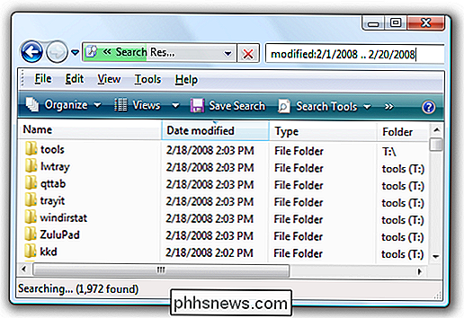 Sådan søgte du efter filer fra et bestemt datointerval i Windows Vista og 7