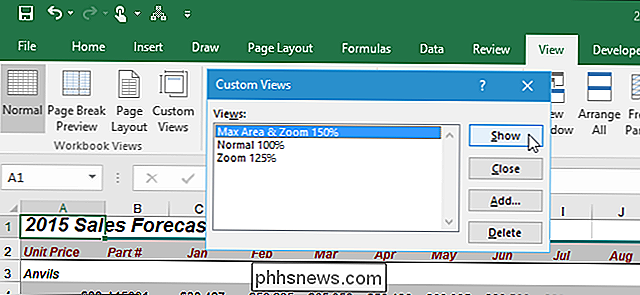 Aangepaste weergaven gebruiken in Excel om uw werkmap op te slaan Instellingen